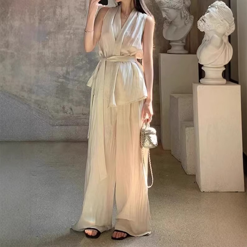 In-Stock 2026 Summer Tencel Linen Fashion Tie V-Neck Sleeveless Top High-Waisted Slimming Wide-Leg Pants Set for Women