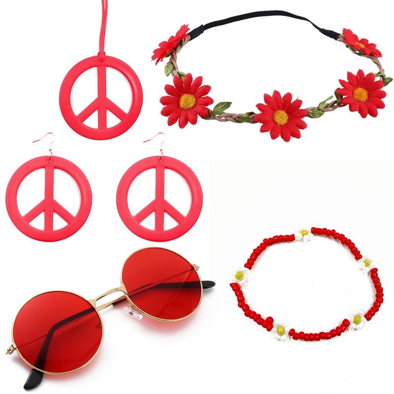 Hippie vestir accesorios paz símbolo Halloween fiesta pendientes coloridos fiesta collar traje hippie diadema