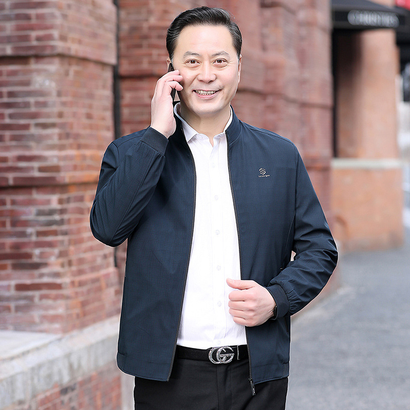 [Antiarrugas a prueba de viento] chaqueta de primavera y otoño de los hombres para padres de mediana edad y ancianos chaqueta de cuello alto de negocios de primavera delgada