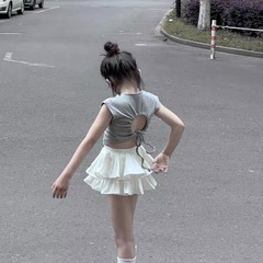Ins Style 2024 Summer Dress for Girls, Hot Girl Group Jazz Style Back Cut Tie Knot Fitted Short T-Shirt Top