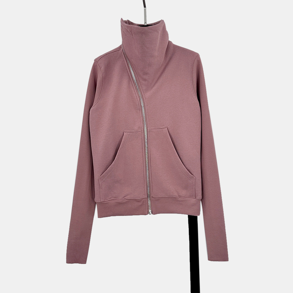 SUBHUMAN Chaqueta de sudadera cepillada de algodón con cuello alto y cremallera diagonal con cinta de línea secundaria de estilo oscuro para mujer