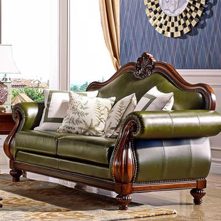 American Style Leather Sofa Solid Wood Carved Sofa Combination European Style Leather Art Large Apartment Living Room Luxury Vintage Furniture