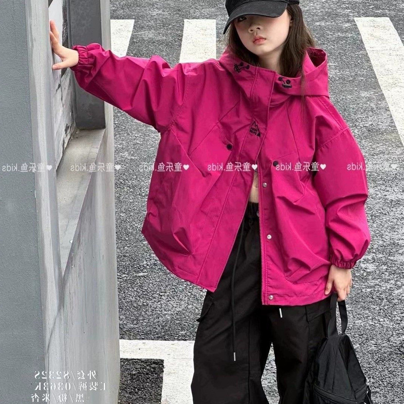 火龙果红色冲锋衣女童秋季宽松外套中大童户外休闲防风连帽夹克衫|undefined