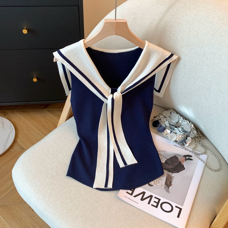 Cross-Border Foreign Trade Contrasting Color Navy Collar Knitted Sleeveless Women's Summer Slim Fake Two-Piece Shawl Vest Top Slimming