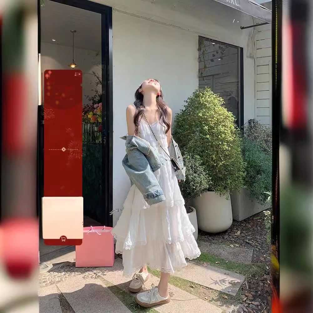 Shi Mu Xi 화이트 슬링 원피스 여성의 2024 봄 새로운 해변 홀리데이 스타일 케이크 스커트 비치 롱 스커트