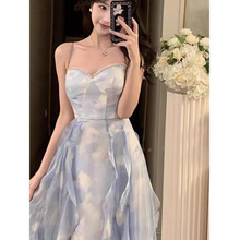 法式蓝色抹胸吊带连衣裙海边度假垂坠感超仙女公主蛋糕裙长裙