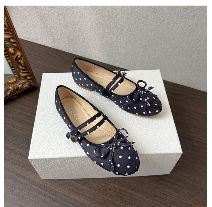 Giày búp bê Mary Jane nữ mũi tròn chất liệu satin chấm bi thắt nơ, đế bằng gót thấp — Màu hồng, Màu trắng, màu đen chi tiết 19