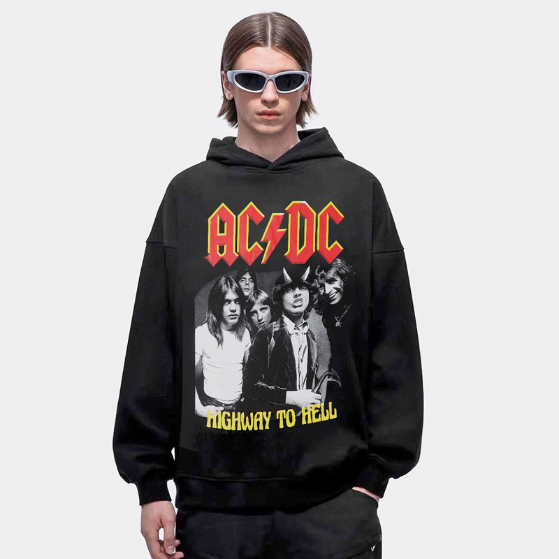 European and American Hip-Hop American Retro Trendy Rock Band Acdc Character Print Hooded Sweatshirt Hoodie