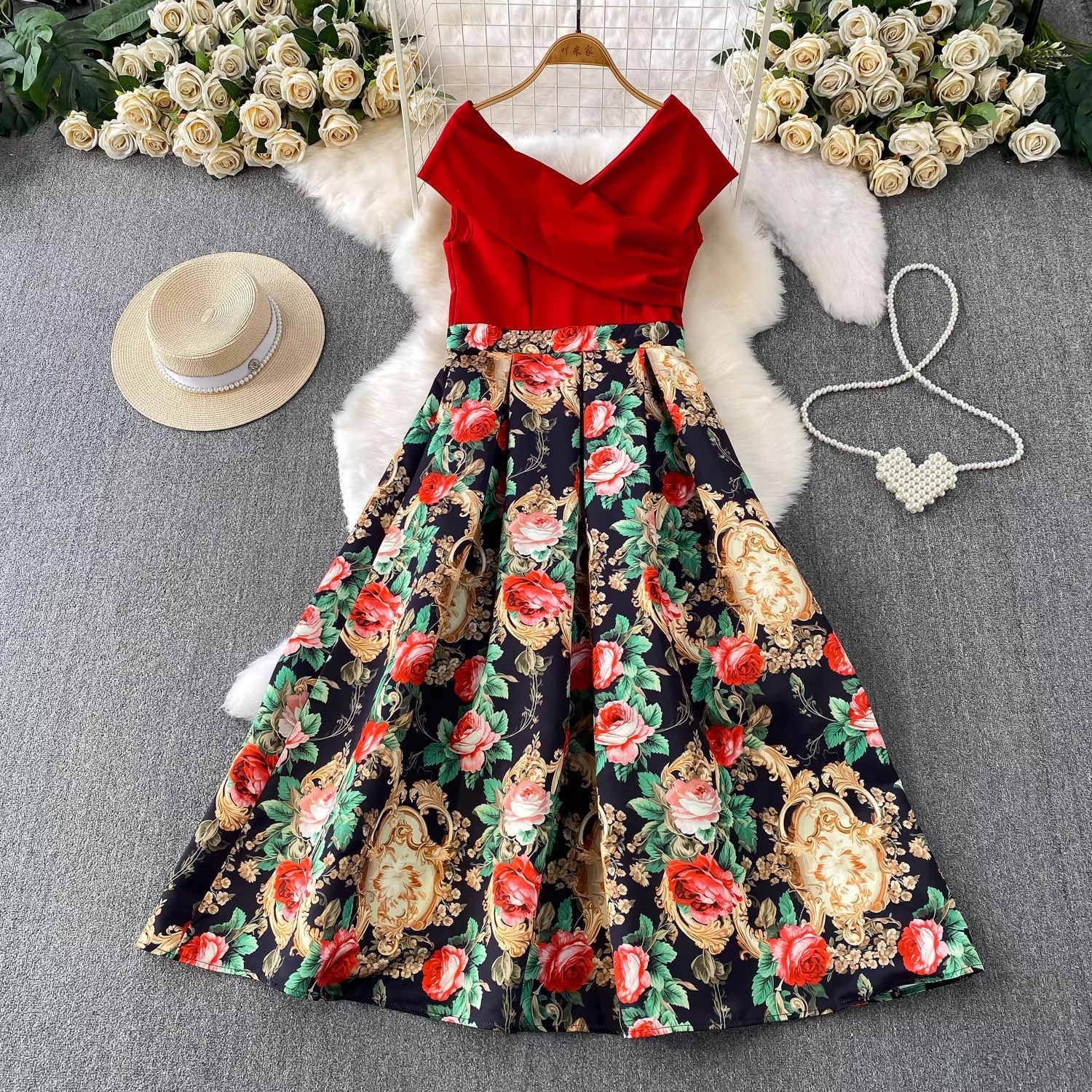 Elegant Court-Style Dress – Cross V-Neck Floral Jacquard Midi Dress With Waist-Defining Silhouette (S-XXL)​_ecoleips.com