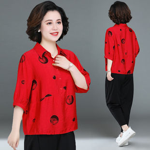 Mother's Summer Lar Shirt Western Style Middle-aged Cotton and Linen T-shirt Top New plus size Loose Middle-aged Women's Summer