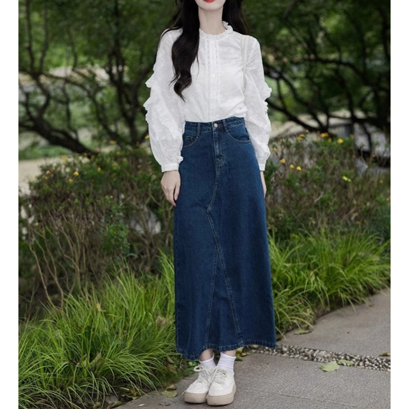 早秋穿搭套装2025小个子韩风chic森系穿搭白色衬衫牛仔半身裙套装|undefined