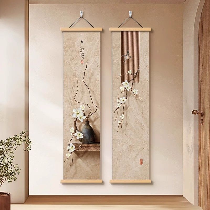 Chinese-Style Entrance Decorative Painting Vertical Version Corridor Aisle Strip Hanging Painting High-End Zen Tea Room Background Wall Layout Mural
