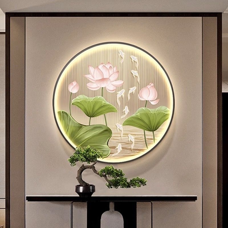 蓮と魚の絵玄関装飾絵画新しい中国風の円形絵画廊下通路吊り絵画ライト高級 LED ライト絵画壁画|undefined