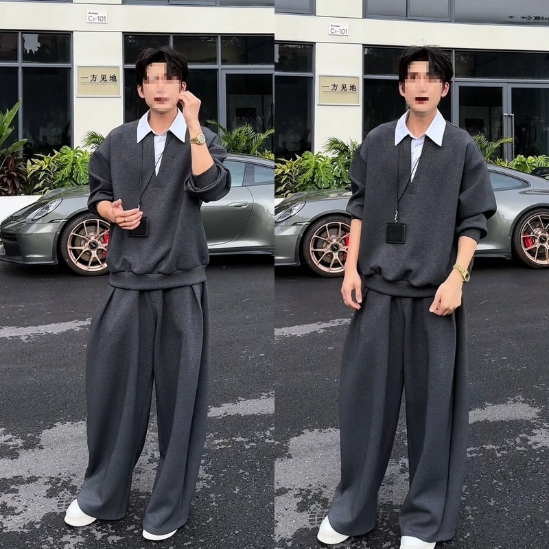 秋季新款感时尚简约休闲潮流轻奢男士假两件拼接宽松卫衣套装|undefined