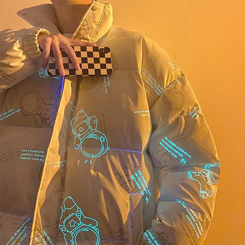 夜光宇航员羽绒棉服男冬季潮牌ins短款棉袄反光棉衣学生加厚外套