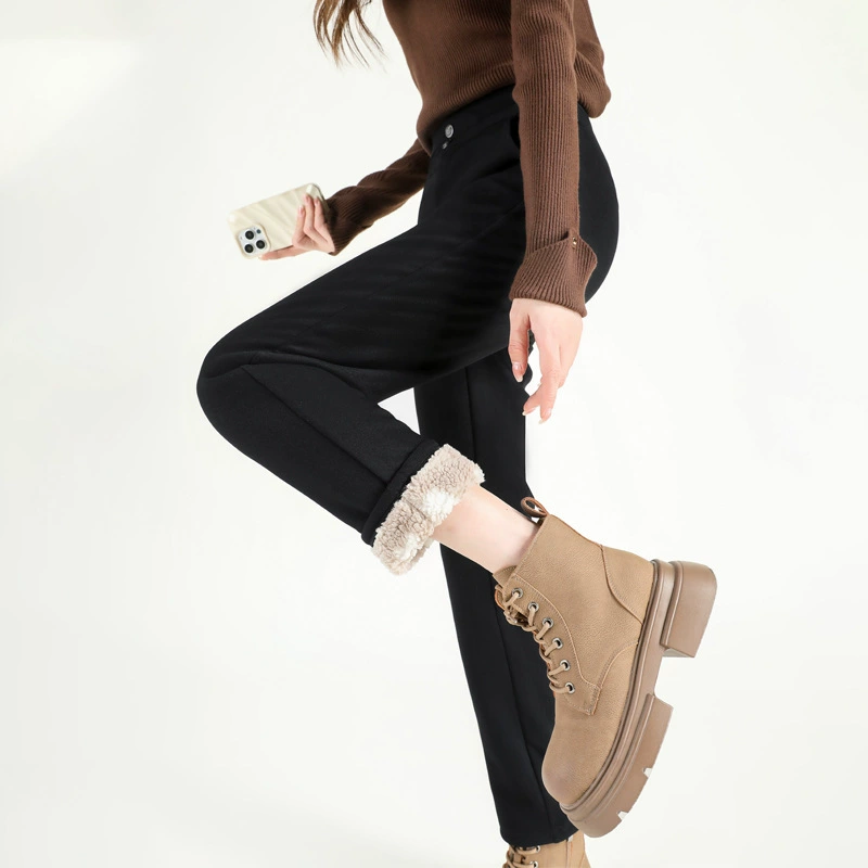 YiFanLiZi Winter Warm Fitted Trousers for Leisure - High-Waisted Thickened Cozy Black