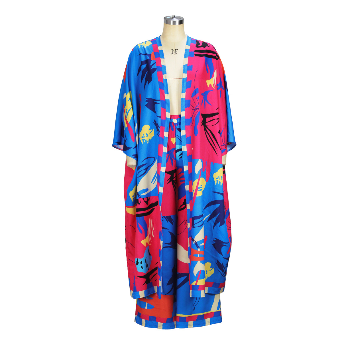 Spring Autumn Casual Set Printed Cardigan Shawl Long Sleeve Wide Leg Trousers Two Piece Set