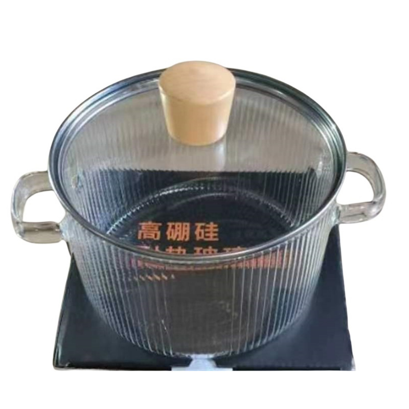 Transfronterizo de alta borosilicona de vidrio de silicio de aluminio de madera de mango de panela transparente con tapa de panela de leche casera de doble oreja de gran capacidad de panela de vidrio