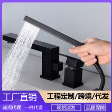 全铜黑色方形浴缸龙头分体式三四件套淋浴花洒抽拉手持花洒YG1009