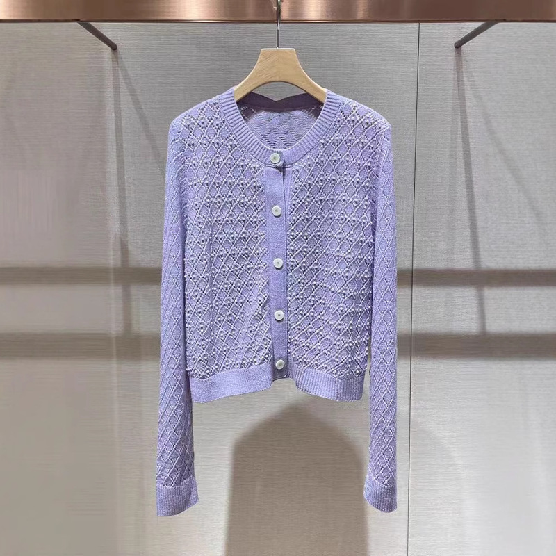 Hollow Knitted Cardigan Jacket Women's 2025 Spring New Niche Design Sense Heavy Industry Beaded Sequin Rhombic Top