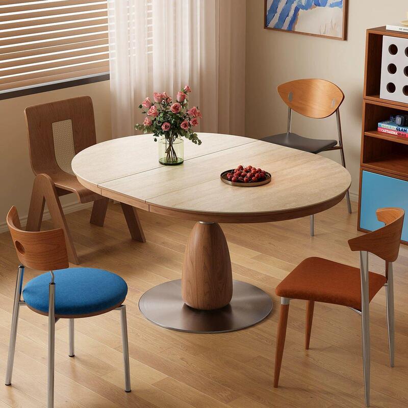 Wooden Small Coffee Table for Home Use, Extendable Oval Rock Slab Dining Table, Vintage Cream Style Solid Wood Dining Table and Chairs