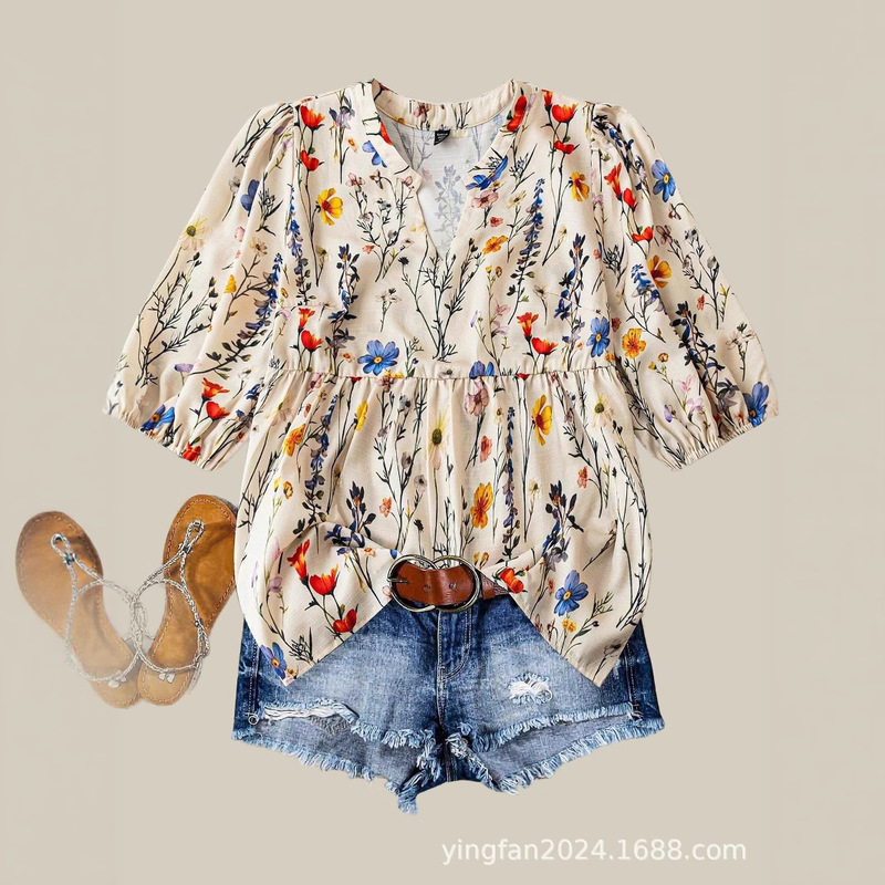 Amazon Tiktok Pinduoduo Export Cross-Border European and American Clothing New Flower Printed Short-Sleeved Shirt Summer New