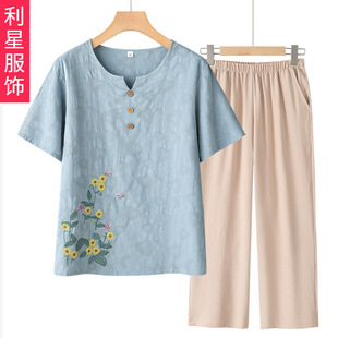 Mom Summer Short-sleeved suit Grandma Two-piece Set for Middle-aged and Elderly plus size Cotton and Linen T-shirt Top Casual Clothes for the Elderly