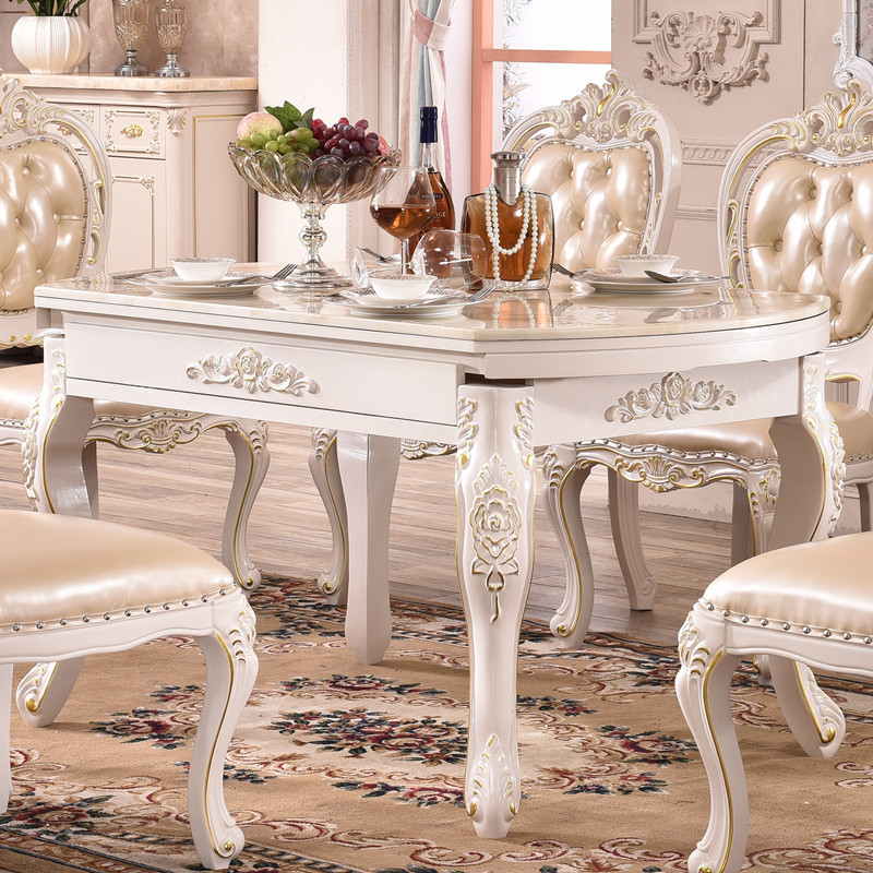 European Marble Dining Table and Chair Combination Multi-Functional Telescopic Dining Table Foldableing Household Solid Wood Carved Small Apartment Round Table