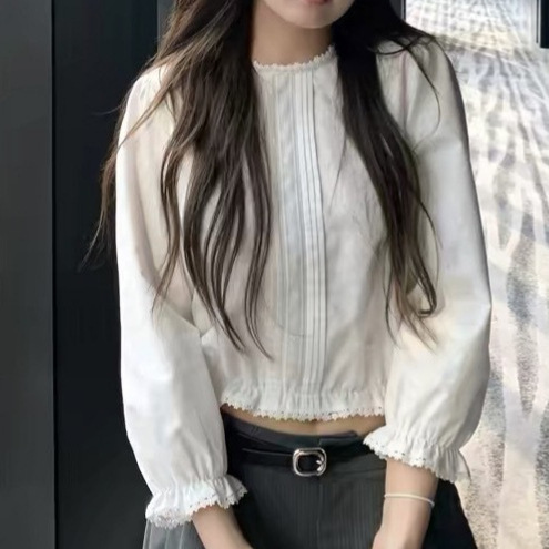 French-Style White Three-Quarter Sleeve Shirt for Women, 2026 New Model, Lace Embroidery, Short Top for Petite Figures French-Style White Three-Quarter Sleeve Shirt for Women, 2026 New Model, Lace Embroidery, Short Top for Petite Figures