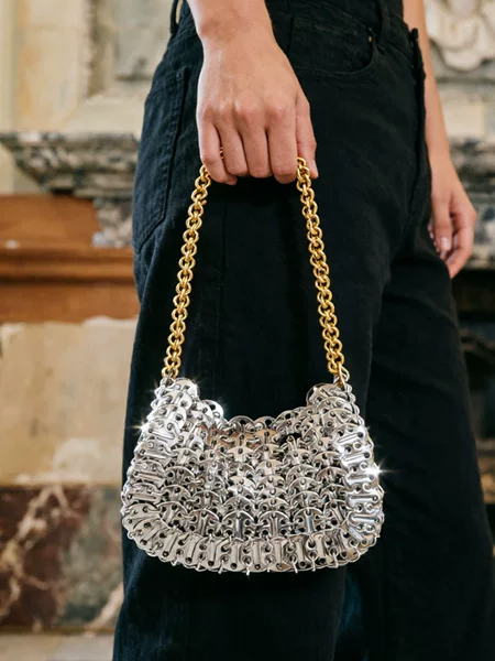 European and American cross-border exaggerated metal chain bag, gold and silver spliced woven underarm bag, heavy-duty punk style evening handbag