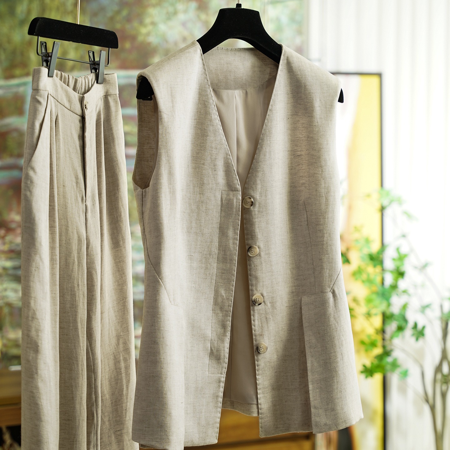 Linen Straight-Leg Vest Fashion Suit Pants 0725