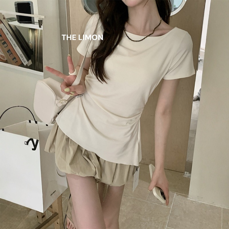 THE LIMON Lemon Green Tea Coreano Pure Wind Sin espalda Encaje Cintura Delgado Camiseta de manga corta Mujer