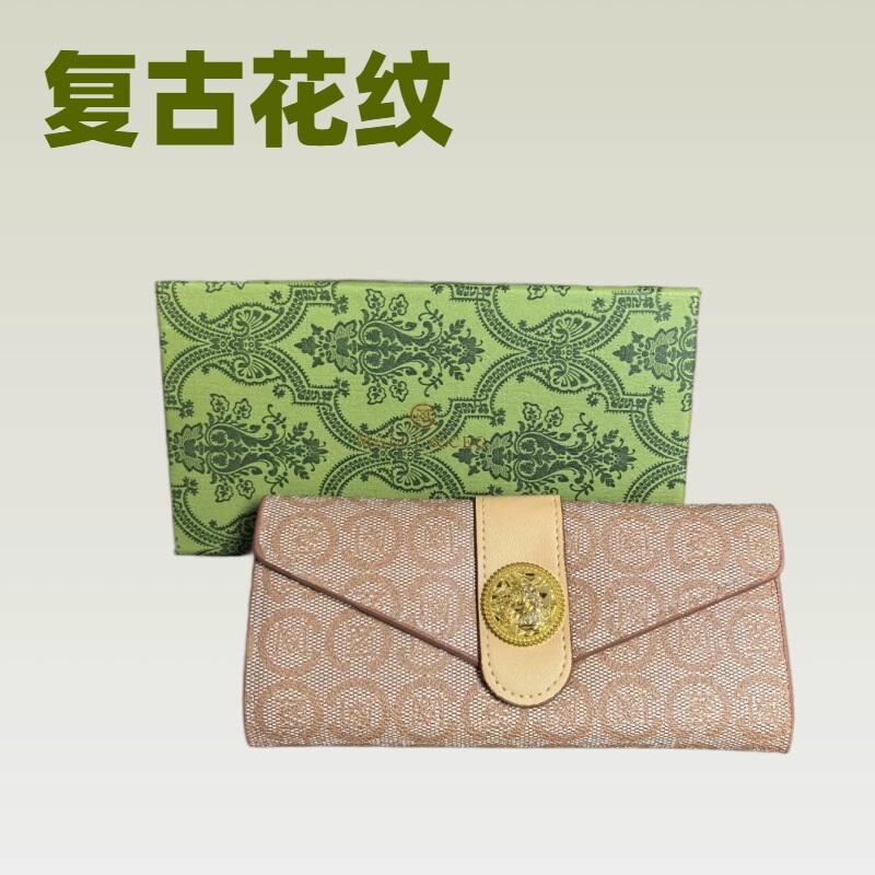 Embossed Leather Long Wallet, Bamboo Pattern Clasp Gift Box Style, Suitable for Daily Commute/Elegant Gift Giving, Vintage Pattern Texture