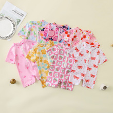 跨境童装女童蝴蝶结满印连体泳衣女宝宝半开襟连体衣儿童泳衣0-3T