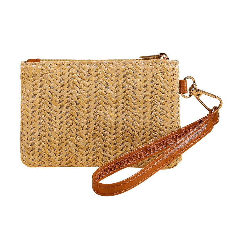 Mini monedero tejido de paja de color sólido transfronterizo, billetera corta de muñeca para mujer, bolso tejido de paja para mujer casual de verano, doble propósito