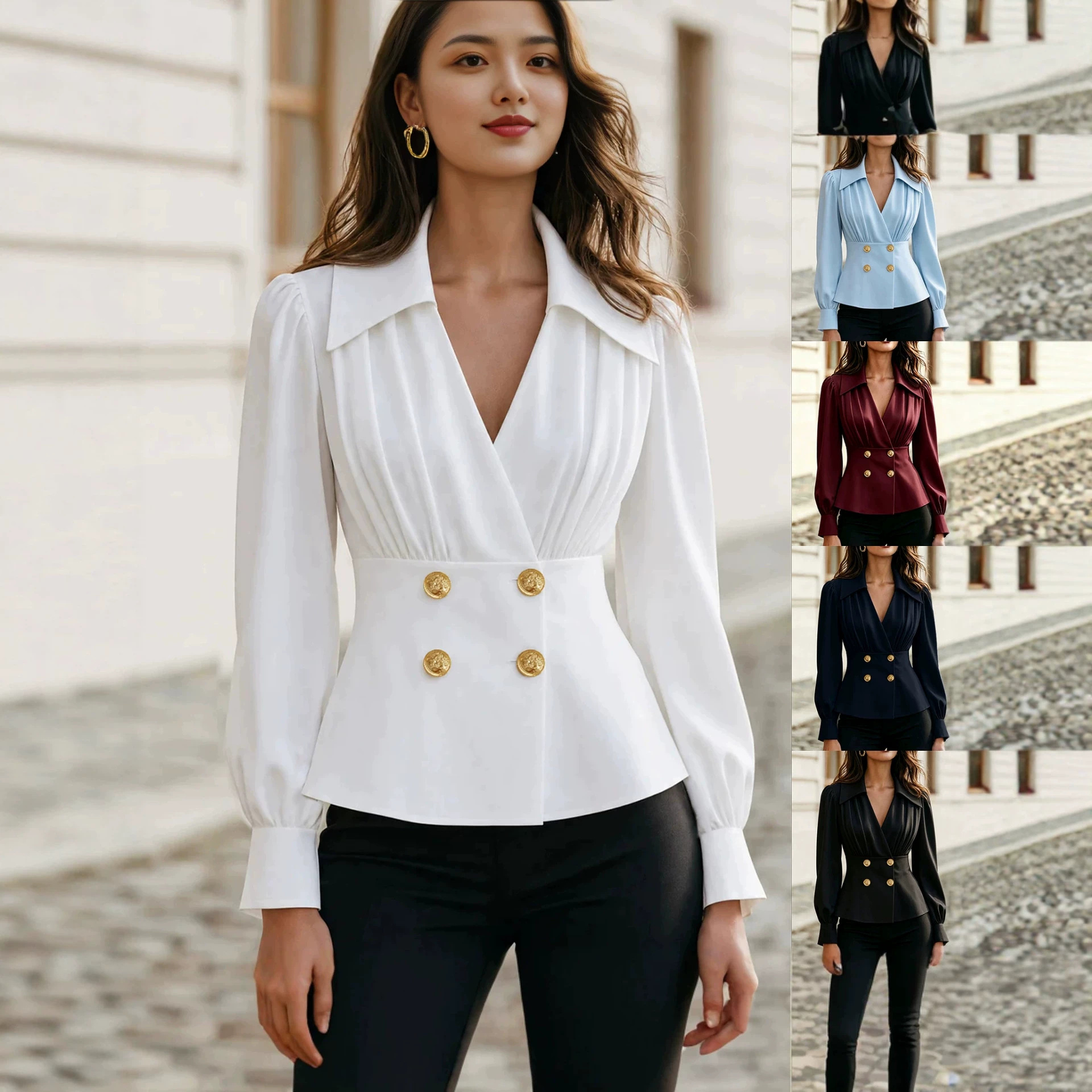 2026 European and American style Amazon women's clothing V-neck cross-pleated long-sleeve shirt, waist-cinching, double-breasted, elegant for commuting