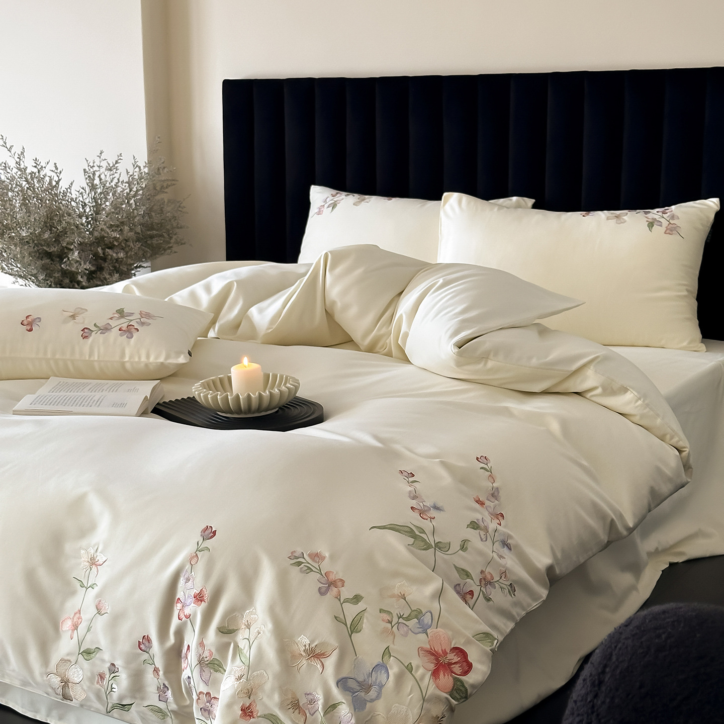 Pequeño fresco estilo coreano viento pastoral otoño invierno algodón molido cuatro piezas flores bordadas colcha de cama blanca