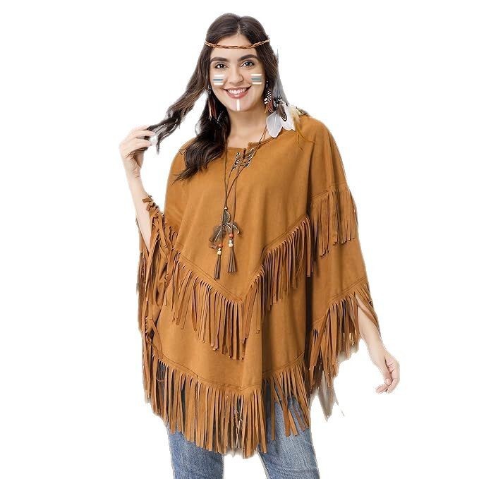 2025 Amazon Carnival Hippie Halloween Aboriginal Indian Suede Vest Top Tassel Shawl Cape
