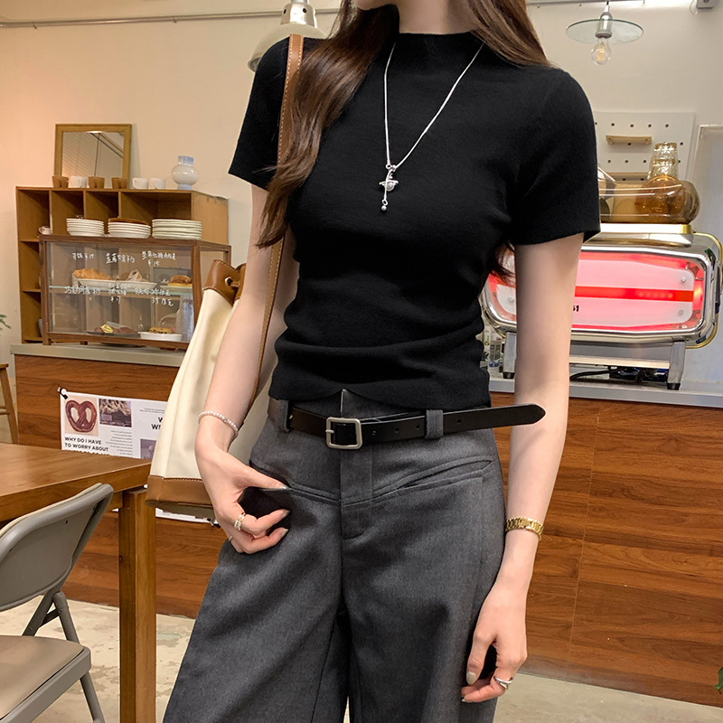 リアルショットファッション人気ハーフタートルネック右肩半袖Tシャツレディース2025夏新作ウールボトムシャツ|undefined