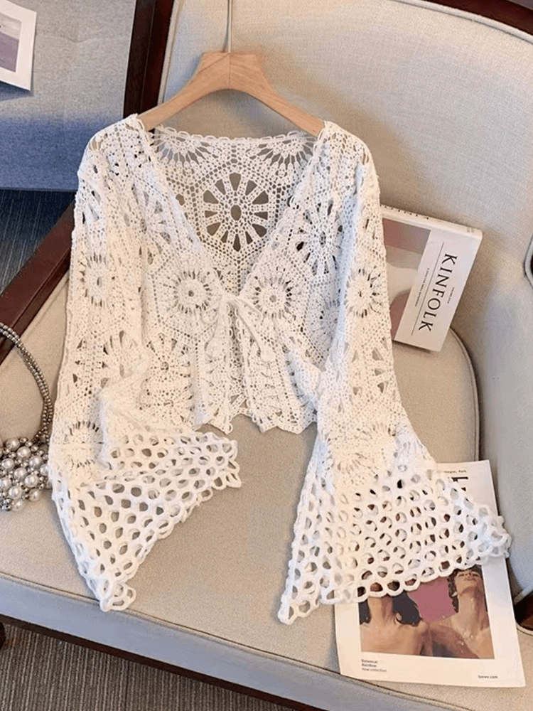 Летний кардиган длинный рукав бохо крючком, one size, лёгкое пляжное накидка