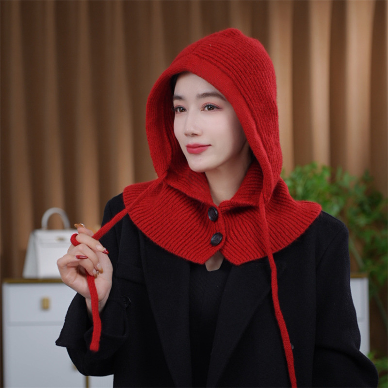 ファッションニット可拉可拉法帽子ボタン付き女性秋冬韓国版保温マフラー耳保護ヘッドキャップ両用|undefined