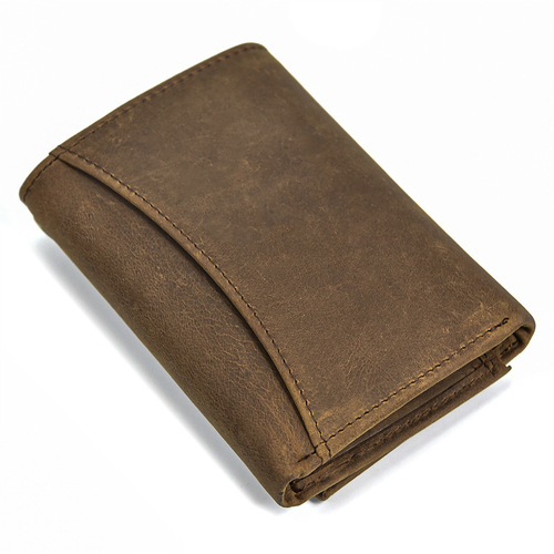 Genuine Leather Wallet Retro Men's Crazy Horse Leather Coin Purse Multiple Card Positions with Key Position Iron Chain Tri-fold Wallet Amazon