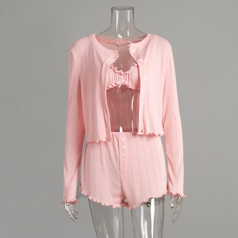 Bộ đồ ngủ nữ 3 món dệt kim gồm áo cardigan dài tay, áo lót và quần short — In hoa, Màu hồng, Màu trắng, Màu xanh dương