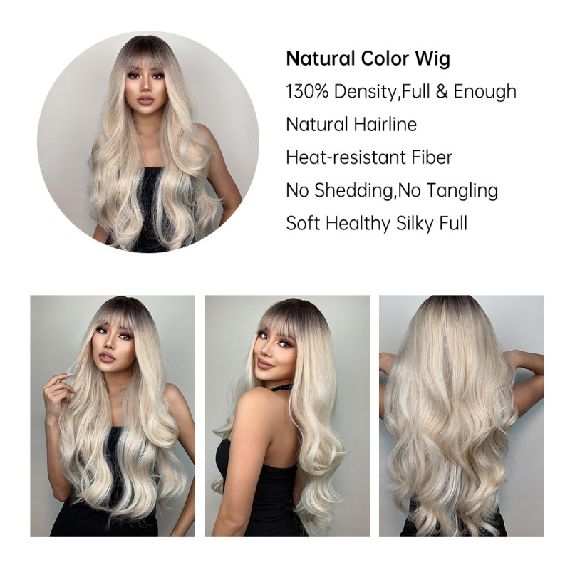 国境を越えた欧米のかつらの女性hairチー前髪長いカールグラデーションホワイトゴールド新製品メカニズム化繊頭カバーwigs|undefined