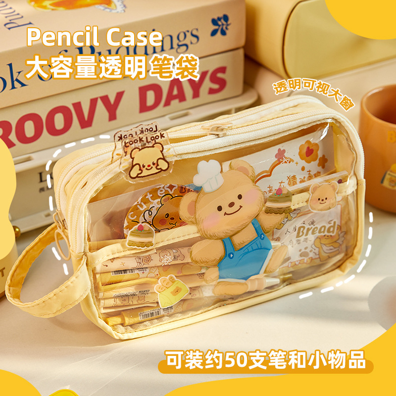 Bolsa de lápiz transparente para estudiantes de primaria, caja de papelería de alta capacidad, nueva caja de lápiz multicapa, linda bolsa de papelería para niñas