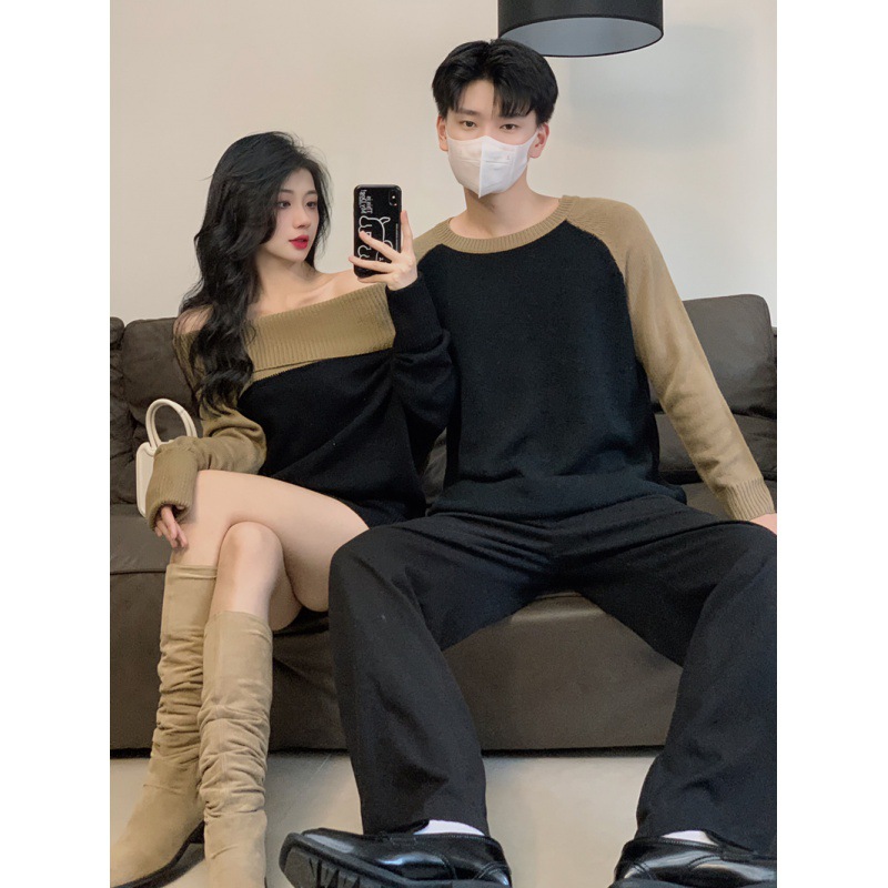 2023 가을과 겨울 애호가 새로운 한국 기질 오픈 숄더 투피스 컬러 매칭 스웨터 남성 라글란 슬리브 코트