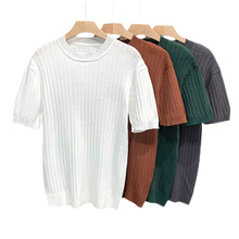 跨境爆款欧码大码针织衫短袖男轻熟修身西装内搭夏季冰丝工厂批发