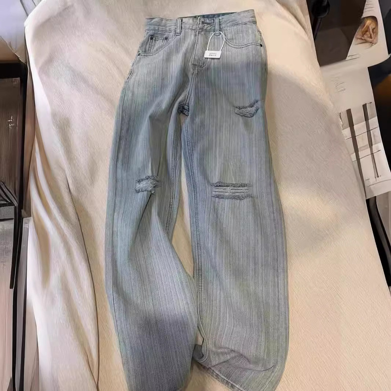 plus size Ripped Loose Straight Jeans Women's Summer New High Waist Slimming Design Sense Texture High-grade Flat Pants