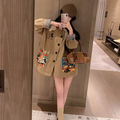卡其色中长款翻领风衣女设计师款小众米奇卡通印花宽松工装外套
