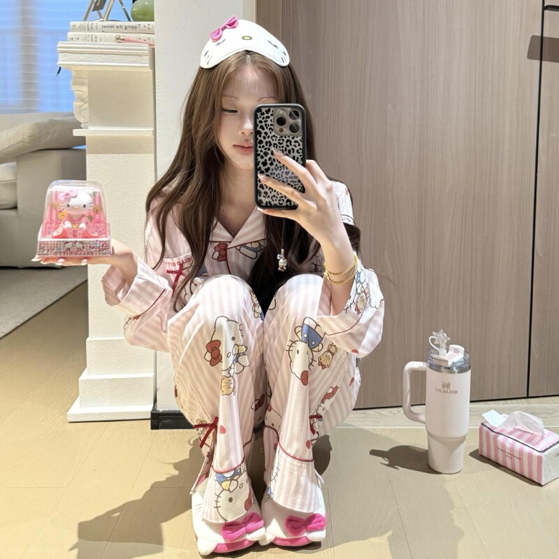 韩系条纹可爱hellokitty睡衣女春秋2025新款少女甜美家居服可外穿|undefined